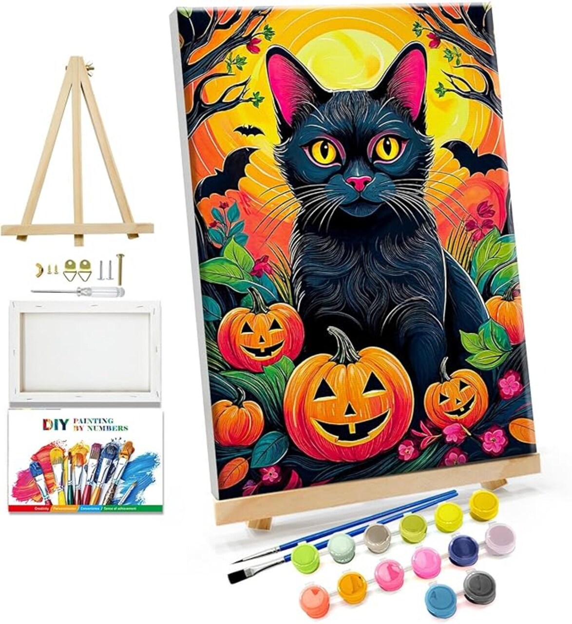 Paint by Numbers Kit for Adults with Frame Halloween Paint by Number with Easel Black Cat Adult Paint by Number Kits Framed Canvas DIY Oil Painting Kits for Ideal Gift Home Wall Decor 8x12 Inch